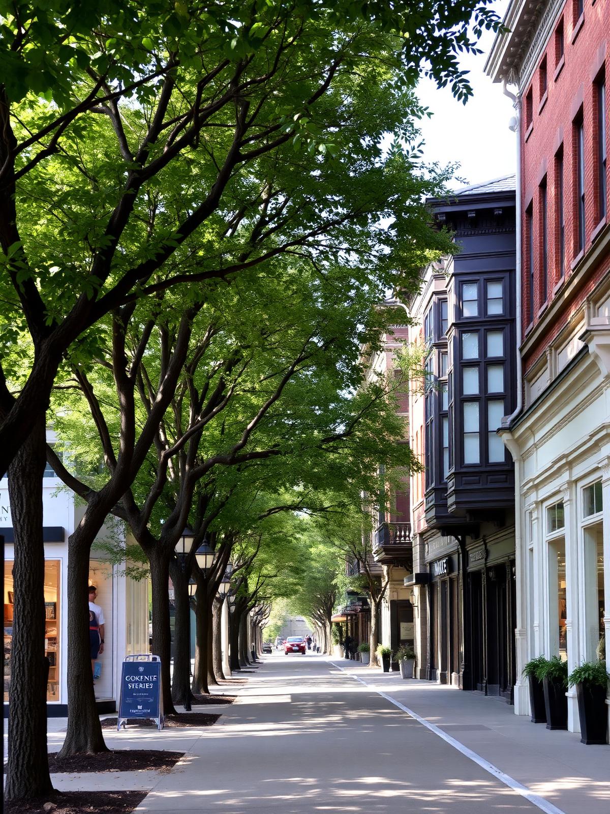 Tree-lined Yorkville street with boutique storefronts